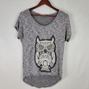 Blue Planet Shirt Womens Medium Knit Top Embroidered Owl Short Sleeve Scoop Neck